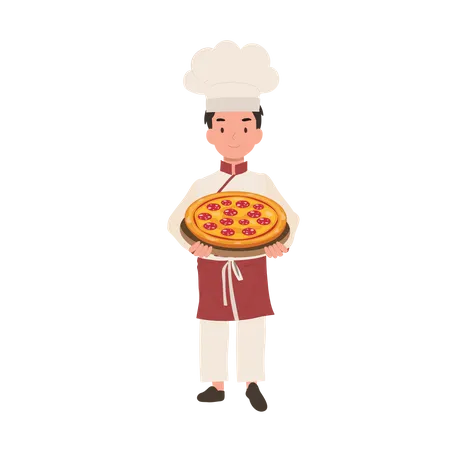 Jeune chef cuisinant de délicieuses pizzas faites maison  Illustration