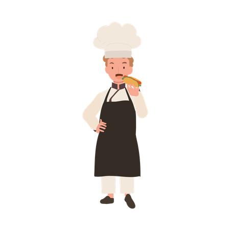 Jeune chef appréciant un délicieux hot-dog  Illustration