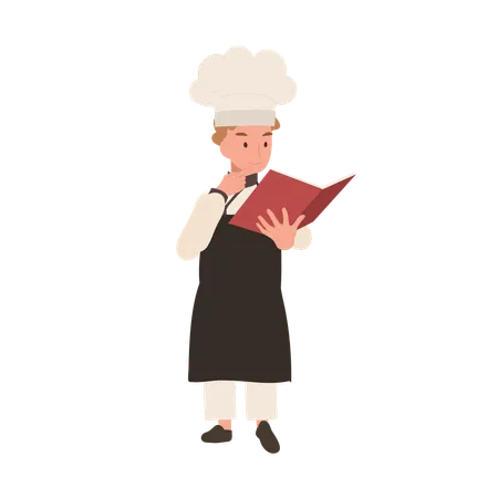 Jeune chef lisant un livre de cuisine  Illustration