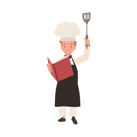 Jeune chef lisant un livre de cuisine  Illustration