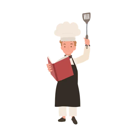 Jeune chef lisant un livre de cuisine  Illustration