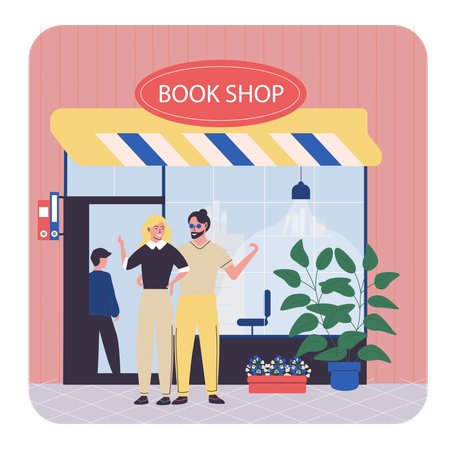 Un jeune couple achète des livres dans une librairie  Illustration