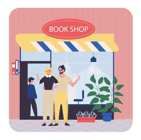Un jeune couple achète des livres dans une librairie  Illustration