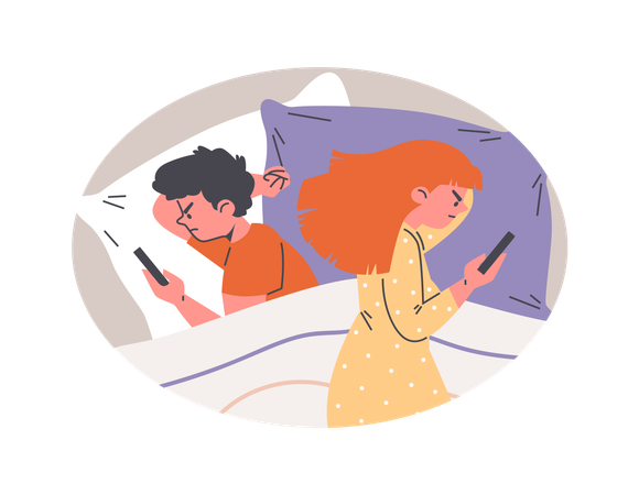 Jeune couple allongé séparément dans le lit en utilisant des smartphones  Illustration