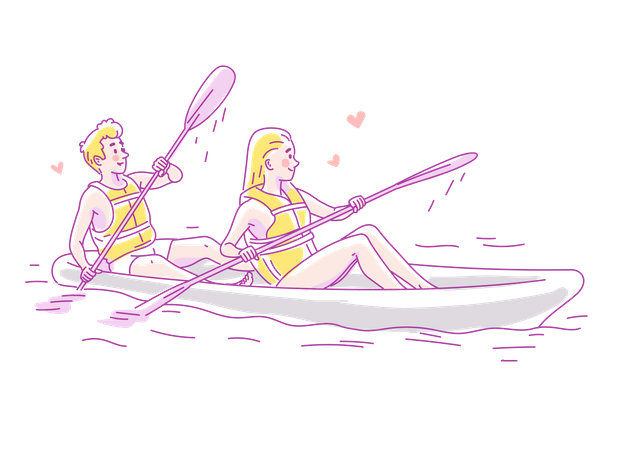 Jeune couple amoureux voyageant dans un bateau sur la rivière  Illustration
