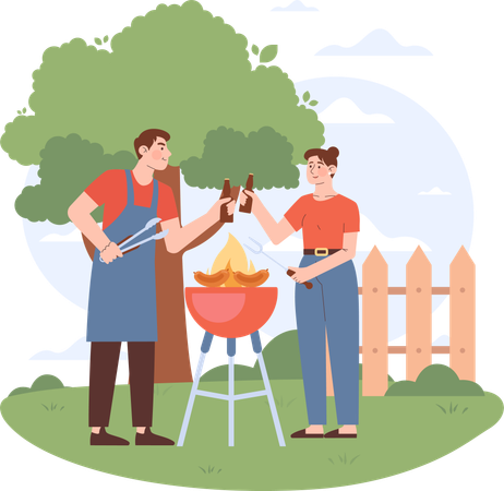 Jeune couple appréciant la cuisine en plein air  Illustration