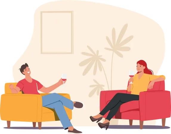 Jeune couple assis à des fauteuils dans la chambre tenant des verres à vin  Illustration