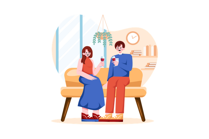 Jeune couple assis dans des fauteuils dans la chambre tenant des verres à vin  Illustration