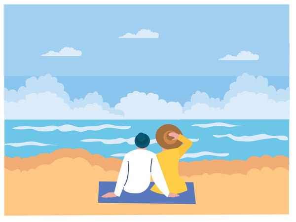 Jeune couple assis sur la plage tout en profitant de la vue sur la plage  Illustration