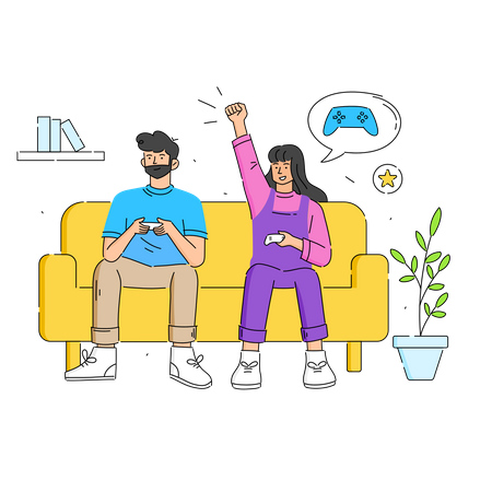 Jeune couple assis sur un canapé jouant à des jeux avec une console de jeu  Illustration