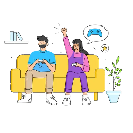 Jeune couple assis sur un canapé jouant à des jeux avec une console de jeu  Illustration