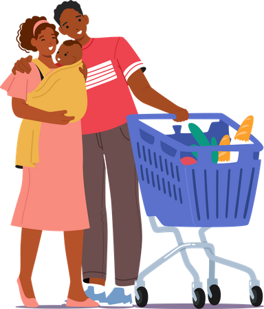 Jeune couple avec bébé au supermarché avec panier chargé  Illustration