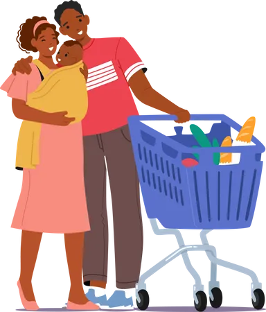 Jeune couple avec bébé au supermarché avec panier chargé  Illustration