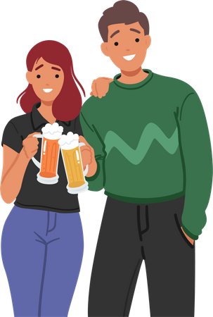 Jeune couple, boire de la bière ensemble  Illustration