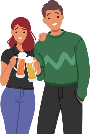Jeune couple, boire de la bière ensemble  Illustration