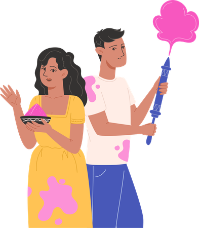 Jeune couple célébrant Holi  Illustration