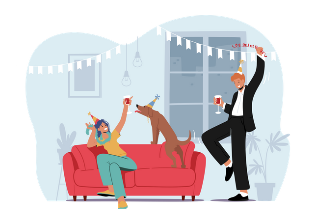 Un jeune couple célèbre la fête à la maison avec un chien drôle buvant des cocktails ou de l'alcool  Illustration