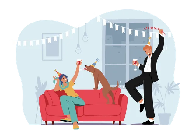 Un jeune couple célèbre la fête à la maison avec un chien drôle buvant des cocktails ou de l'alcool  Illustration