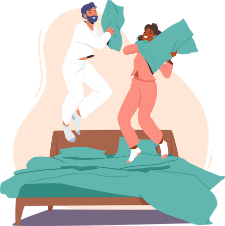 Jeune couple, combat sur des oreillers sur le lit  Illustration