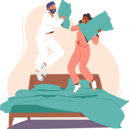 Jeune couple, combat sur des oreillers sur le lit  Illustration