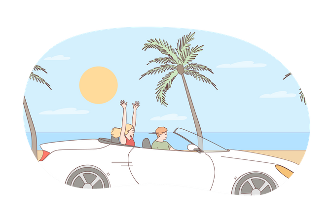 Jeune couple conduisant pendant les vacances  Illustration