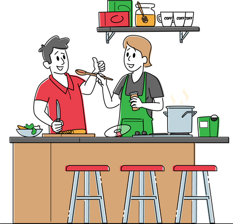 Jeune couple cuisinant ensemble dans la cuisine  Illustration