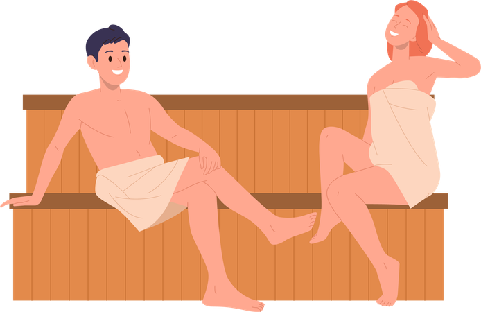 Jeune couple aimant avoir une conversation agréable dans un sauna sec  Illustration