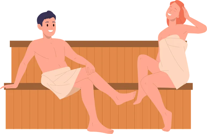 Jeune couple aimant avoir une conversation agréable dans un sauna sec  Illustration