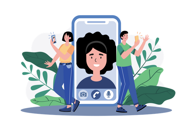Jeune couple datant en ligne par téléphone  Illustration