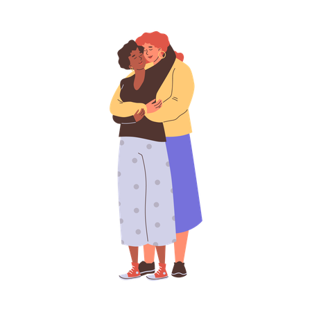 Jeune couple de femmes amoureuses s'embrassant et s'embrassant  Illustration