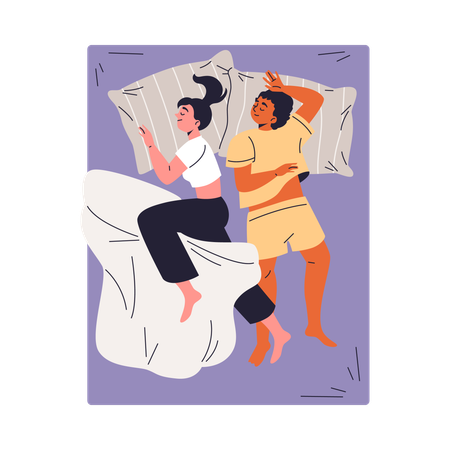 Jeune couple en pyjama dormant sur le lit  Illustration