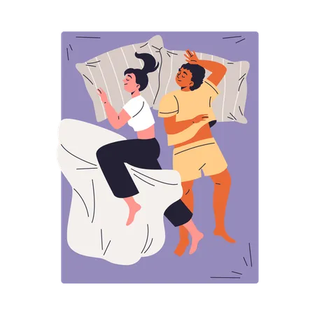 Jeune couple en pyjama dormant sur le lit  Illustration