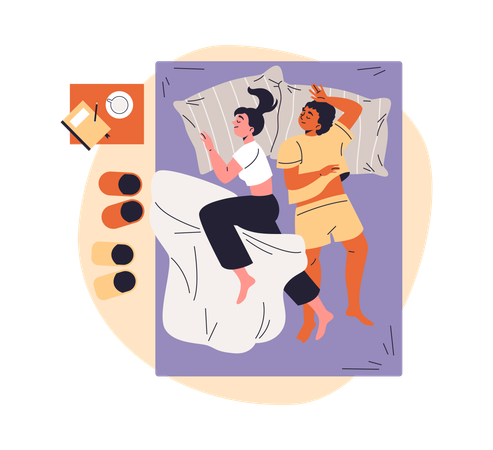 Jeune couple en pyjama dormant sur le lit  Illustration