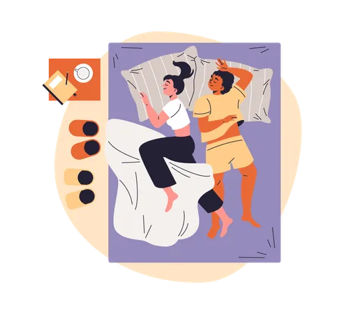 Jeune couple en pyjama dormant sur le lit  Illustration