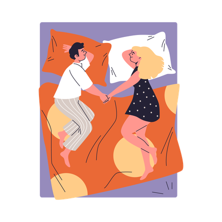 Jeune couple en pyjama se tenant la main allongé sur le lit  Illustration