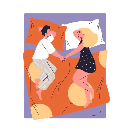 Jeune couple en pyjama se tenant la main allongé sur le lit  Illustration