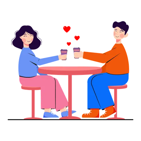 Jeune couple en rendez-vous, boire du café  Illustration