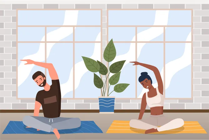 Jeune couple faisant du yoga à la maison  Illustration