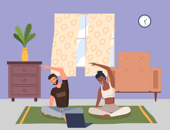 Jeune couple faisant du yoga dans le salon  Illustration