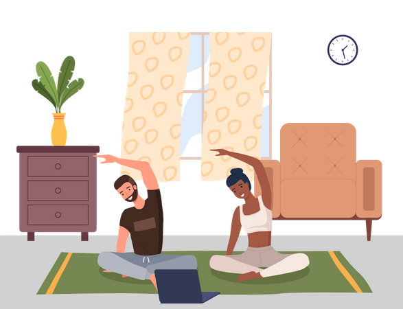 Jeune couple faisant du yoga dans le salon  Illustration