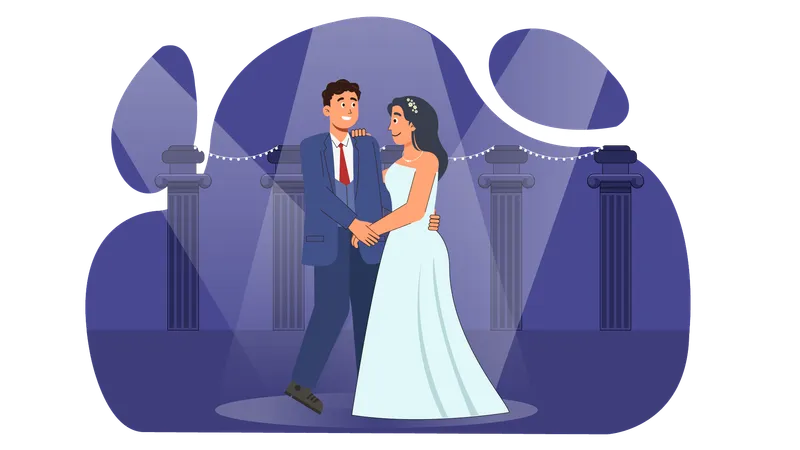 Jeune couple faisant une danse romantique sur scène lors d'un mariage  Illustration