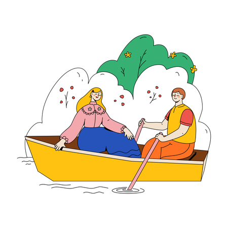 Jeune couple flottant dans un bateau sur un lac  Illustration