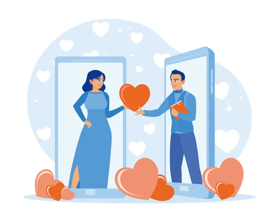 Un jeune couple heureux célèbre la Saint-Valentin en ligne  Illustration