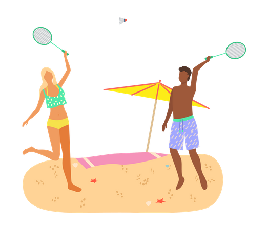 Jeune couple jouant au badminton sur la plage  Illustration