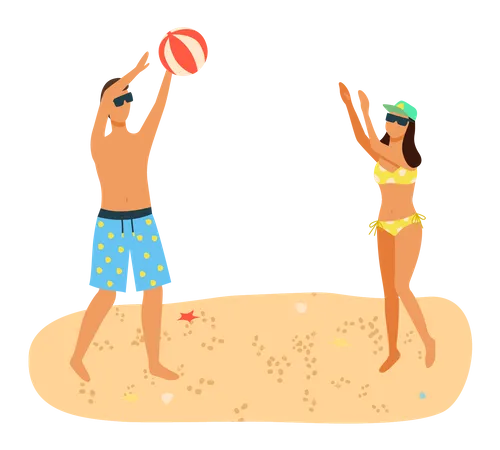 Jeune couple jouant au ballon de plage à la plage  Illustration