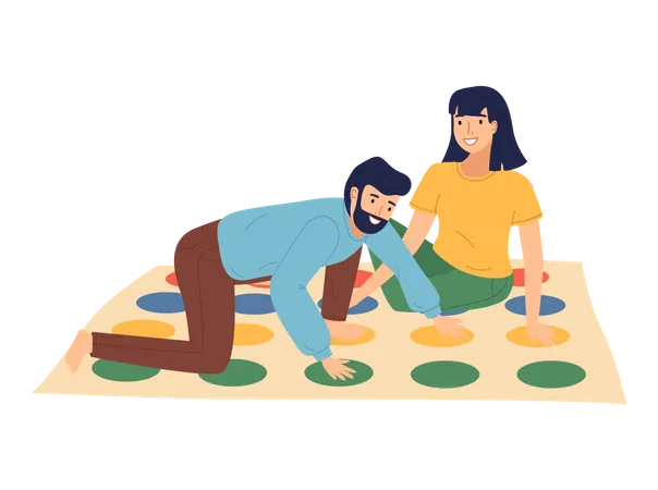 Jeune couple jouant à Twister au sol  Illustration