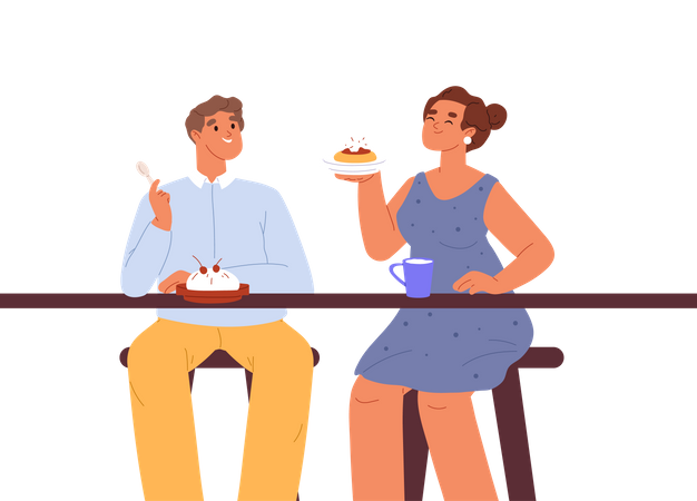 Un jeune couple mange des desserts ensemble  Illustration