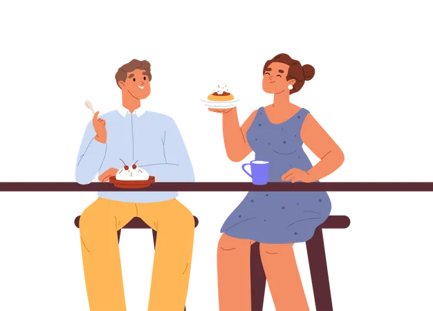 Un jeune couple mange des desserts ensemble  Illustration