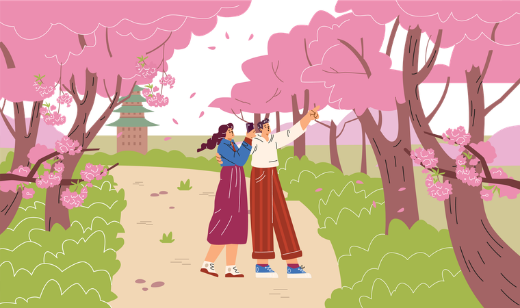 Jeune couple photographiant des fleurs de sakura  Illustration