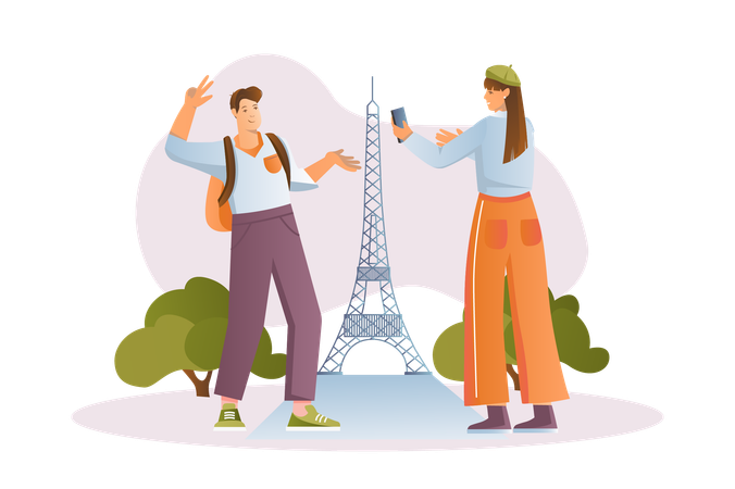 Jeune couple photographié près de la Tour Eiffel  Illustration